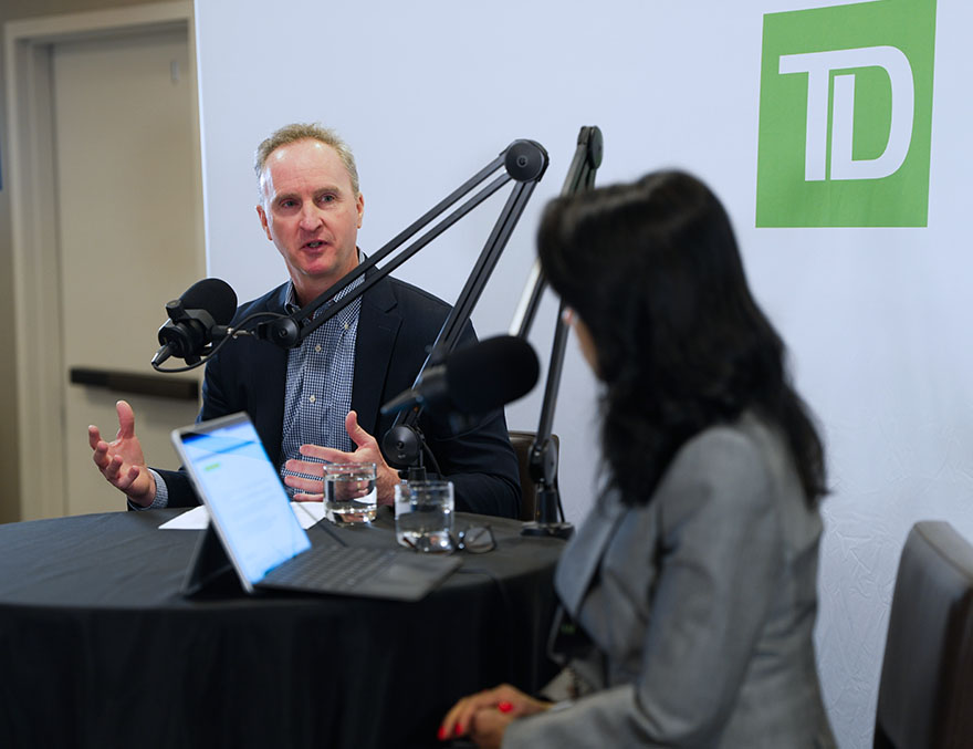Alexander Hardy speaking to Ritu Baral while recording the podcast.